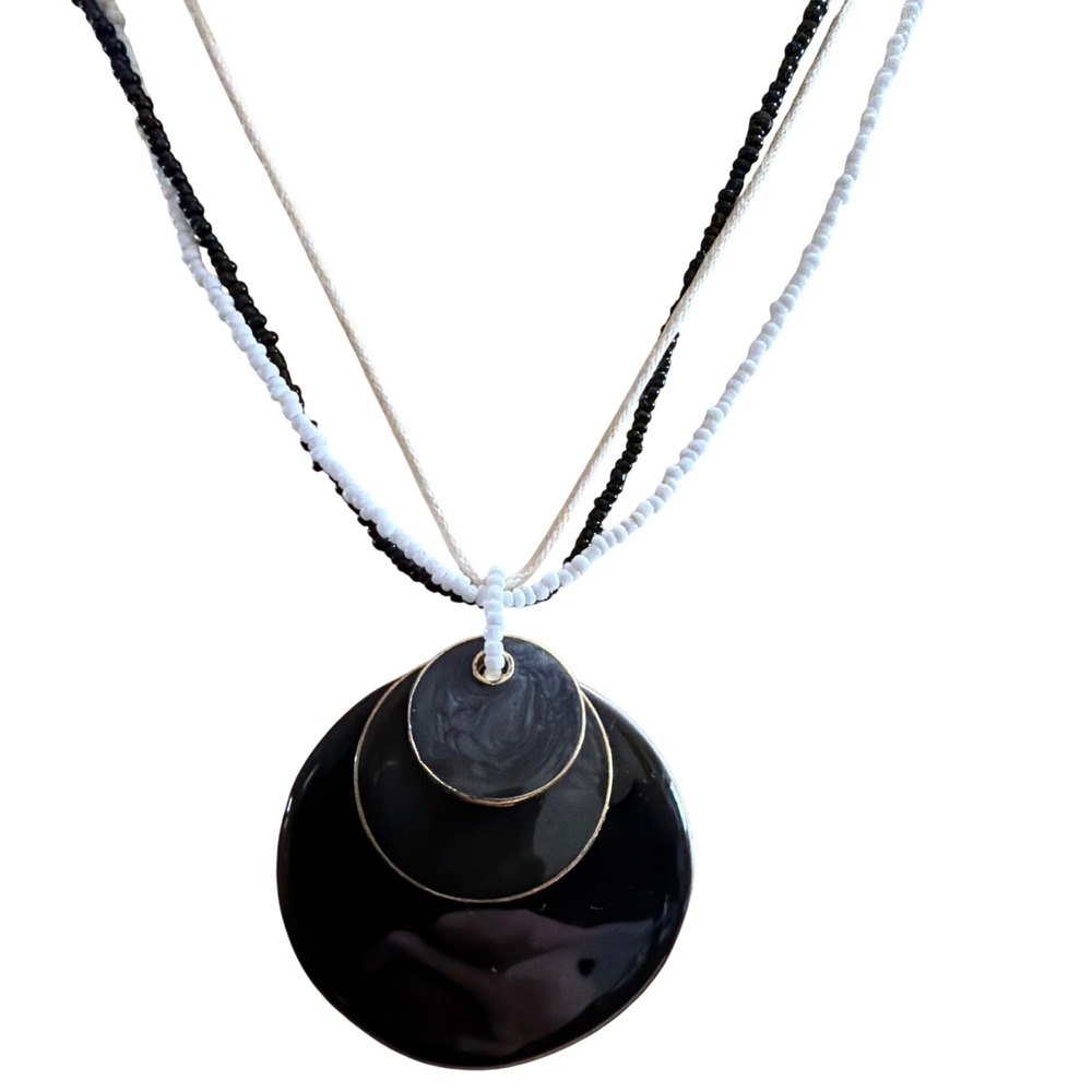 Black White Multi Strand Seed Bead Triple Circle Pendant Statement Necklace Boho